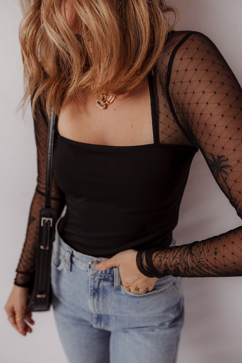 Polka Dot Mesh Long Sleeve Square Neck Bodysuit