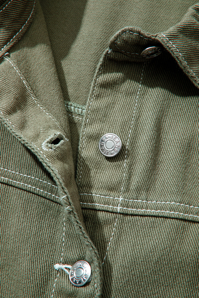 Moss Green Patched Pocket Collared Button Front Boyfriend Denim Jacket