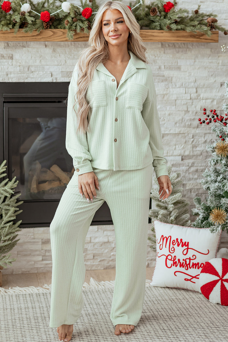 Light Green Textured Patched Chest Pocket Shirt and Pants Set