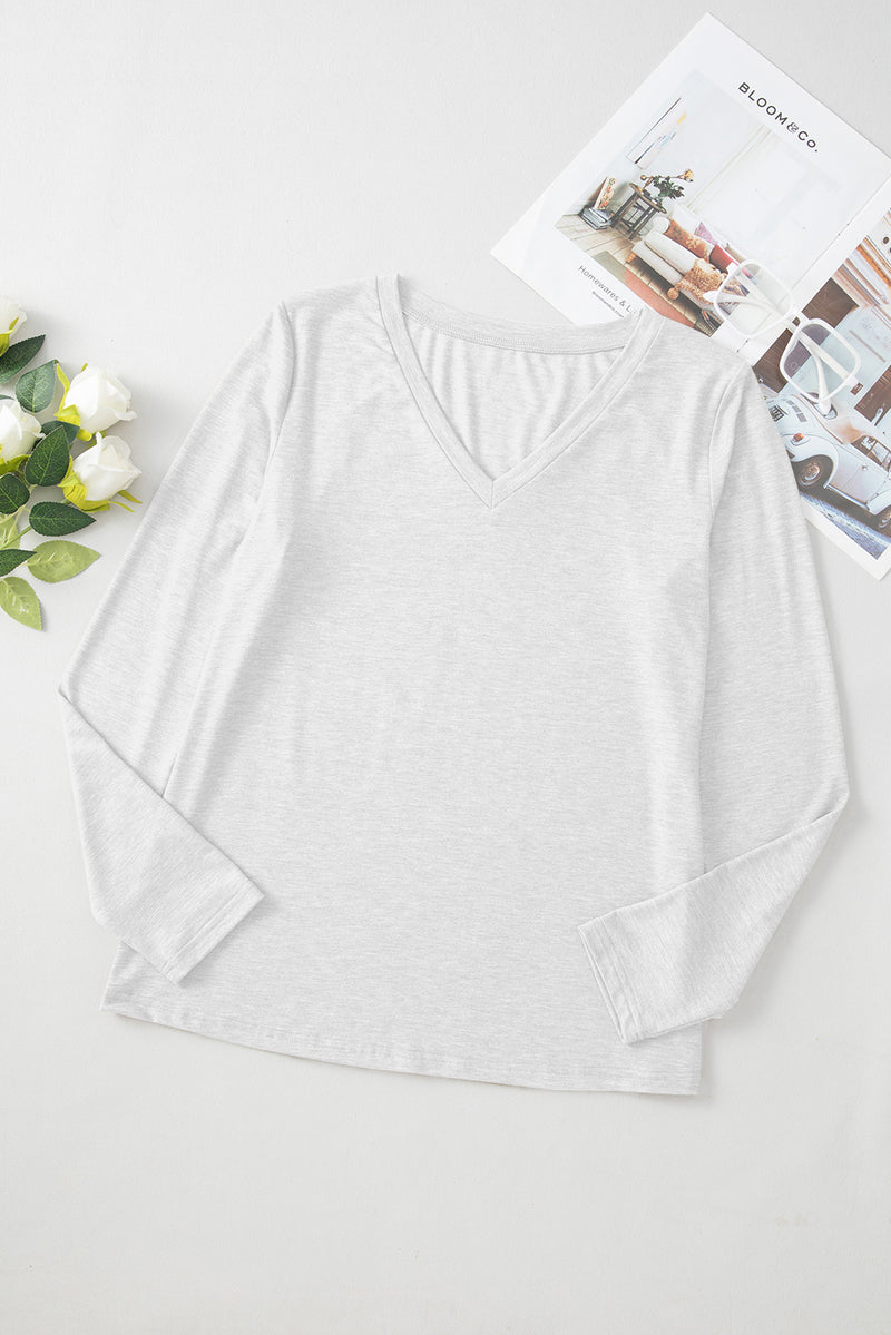 Solid Color V Neck Long Sleeve Stretchy Top