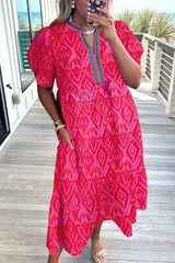 All over Print Contrast Split Neckline Short Puff Sleeve Curvy Dress