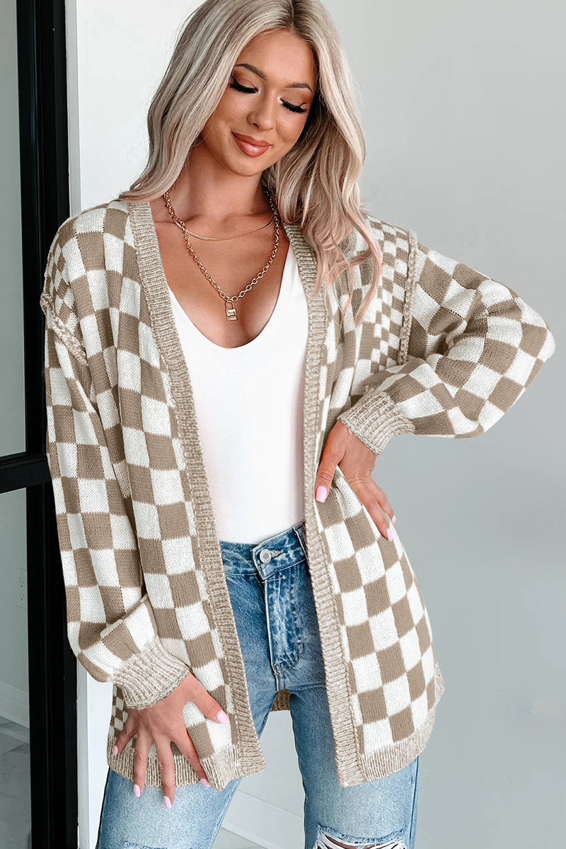 Checkered Open Front Drop Shoulder Cardigan