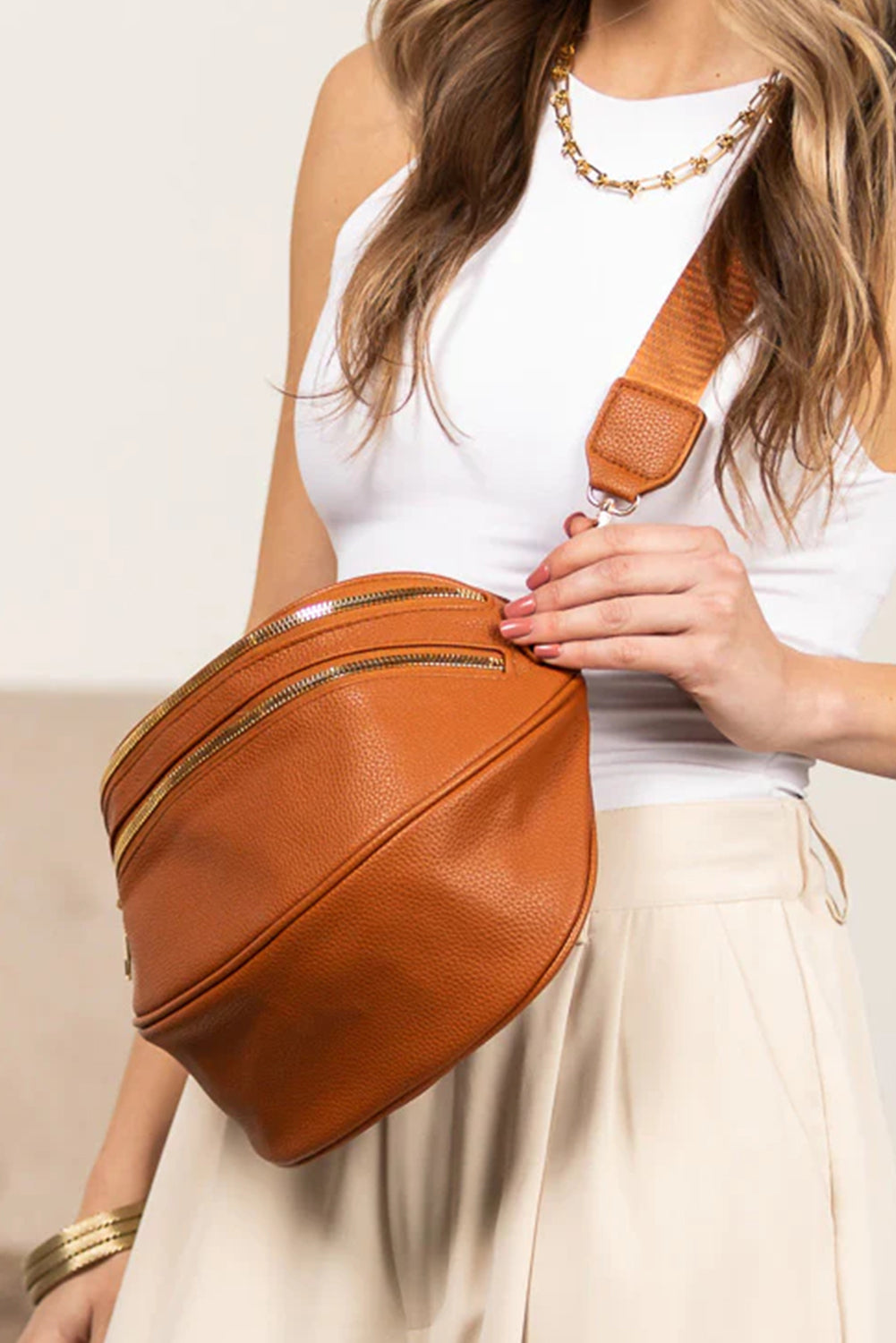 Double Zip Faux Leather Crossbody Bag