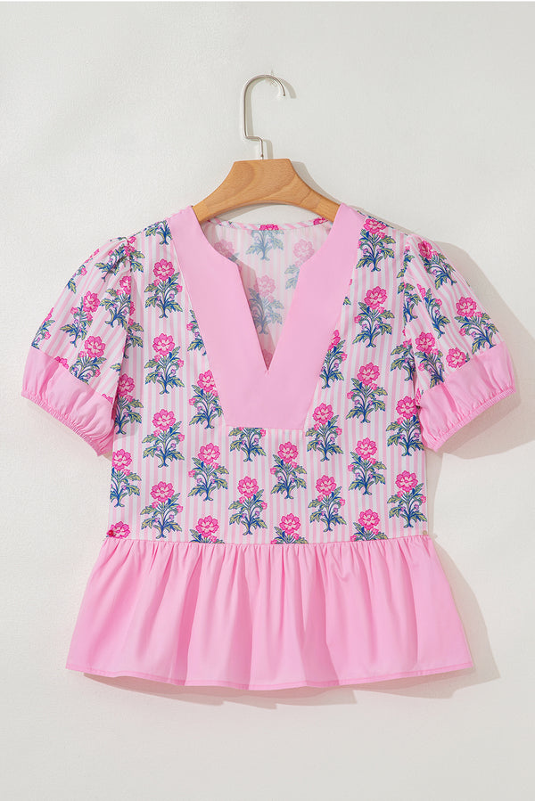 Floral Striped Print Contrast Patchwork Ruffle Hem Blouse