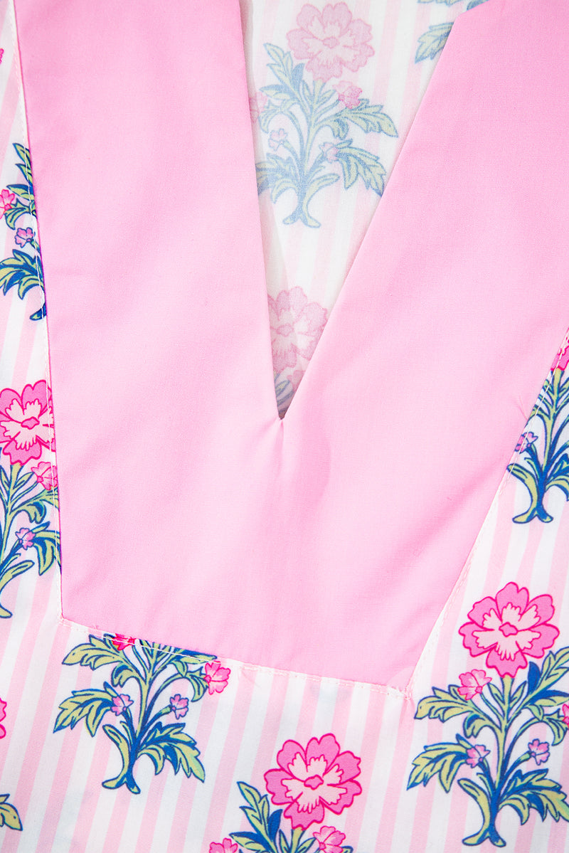 Floral Striped Print Contrast Patchwork Ruffle Hem Blouse