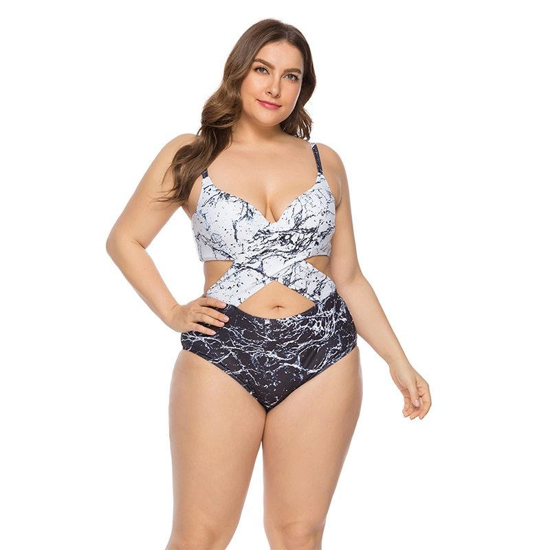 Plus Size Marble Print Cutout One-Piece Swimsuit