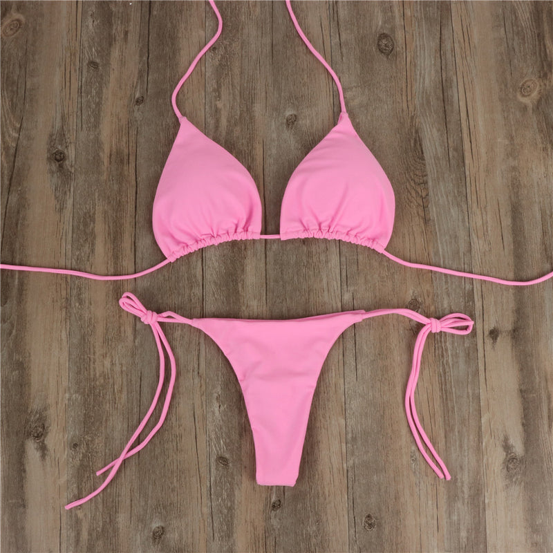 Halterneck Lace-up Bikini Women Summer Solid Color Sexy Split Strap Adjustable Swimsuit Suit