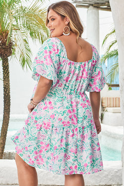 White Floral Print Ric-Rac Trim Square Neck Plus Size Mini Dress