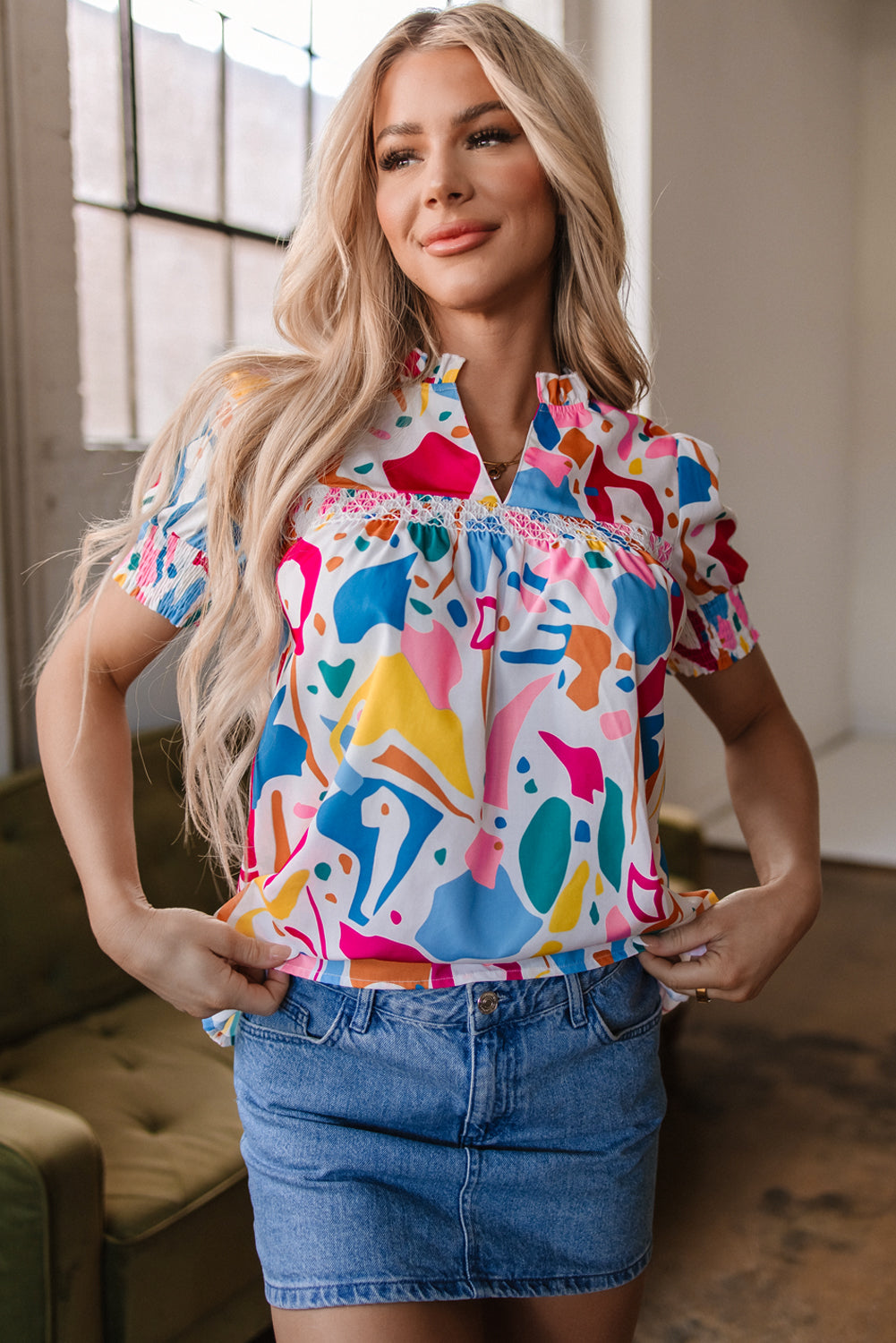 Abstract Print Lace Detail Shirred Short Sleeve Split Neck Blouse