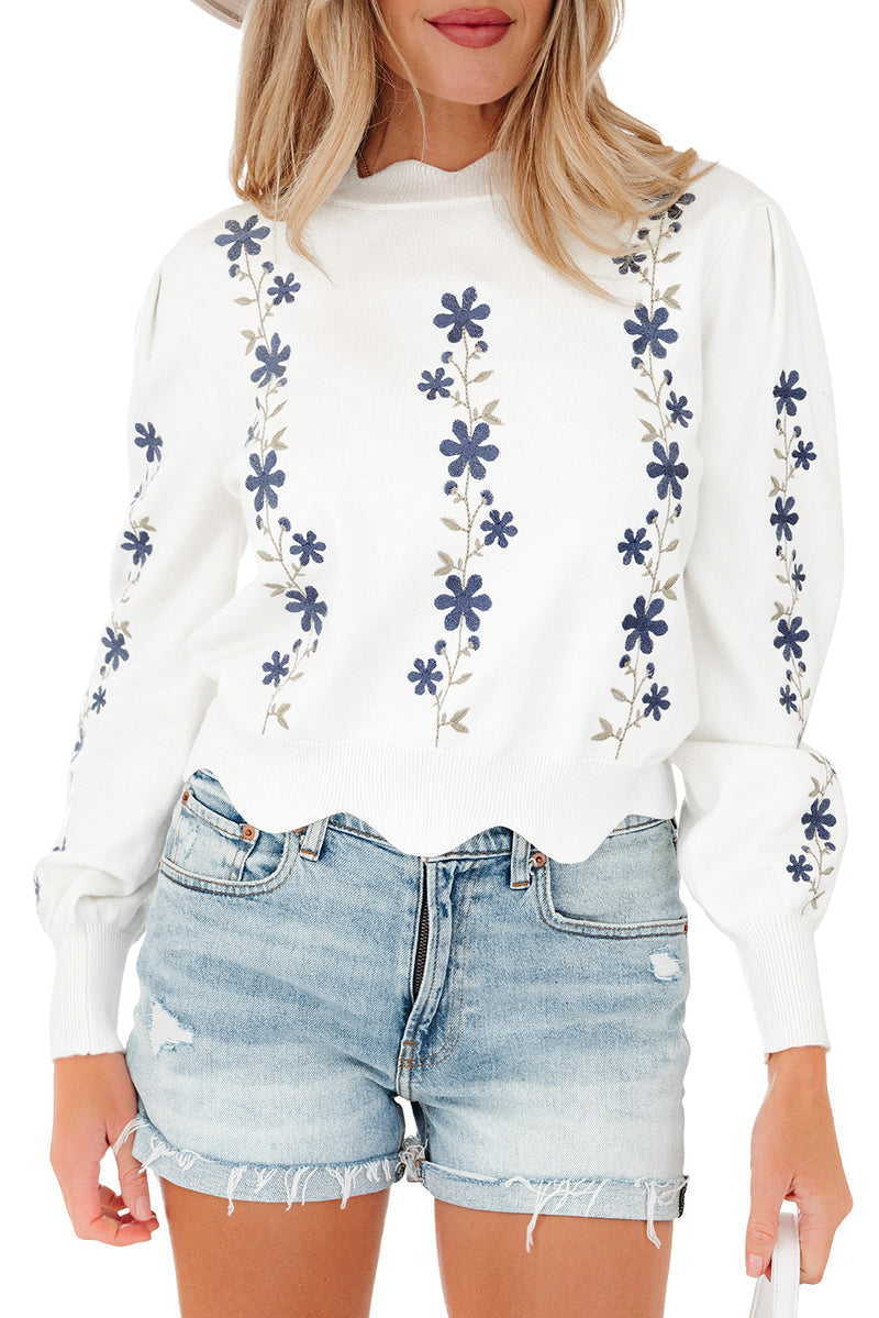 Floral Embroidered Scallop Hem Cropped Sweater