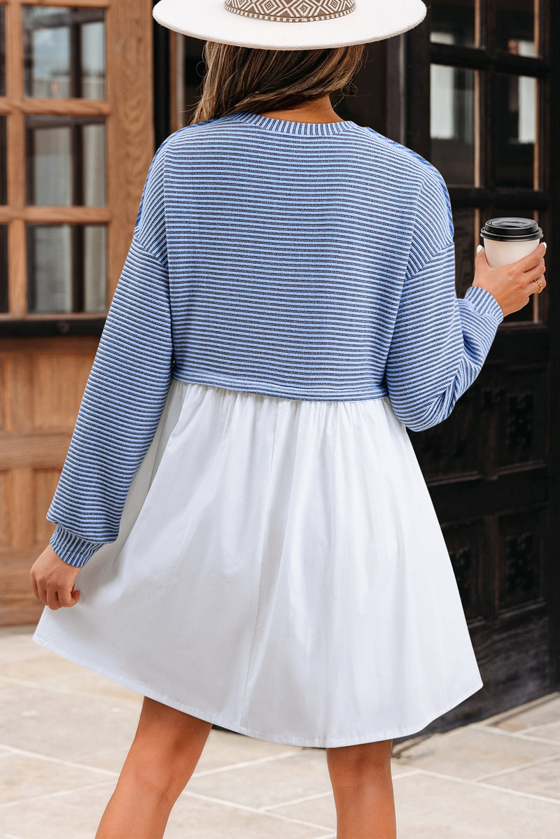 Stripe Patchwork Pleated High Waist Loose Mini Dress