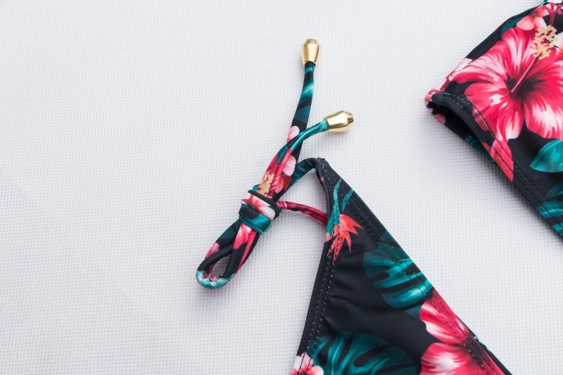 Black Tropical Floral Ruffle Halter Bikini Set sexy print