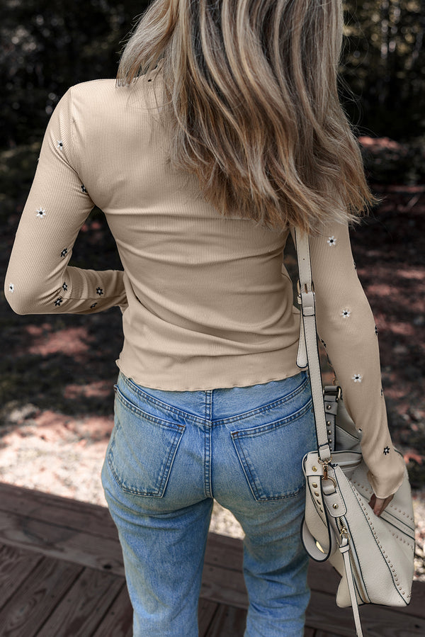 Floral Embroidered Detail Ribbed Long Sleeve Top
