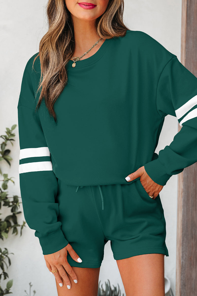 Solid Varsity Striped Sleeve Drop Shoulder Sweatshirt and Short Set