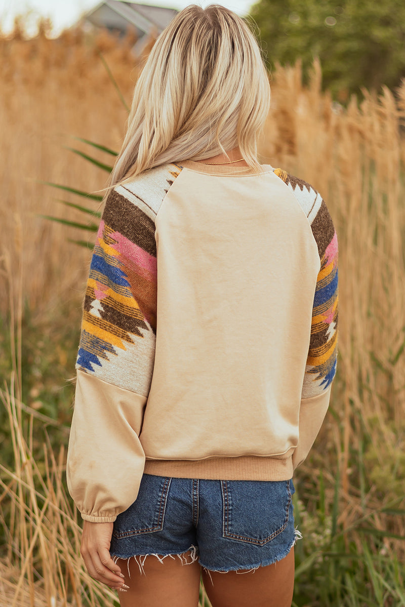 Light French Aztec Patchwork Raglan Pullover Sweatshirt