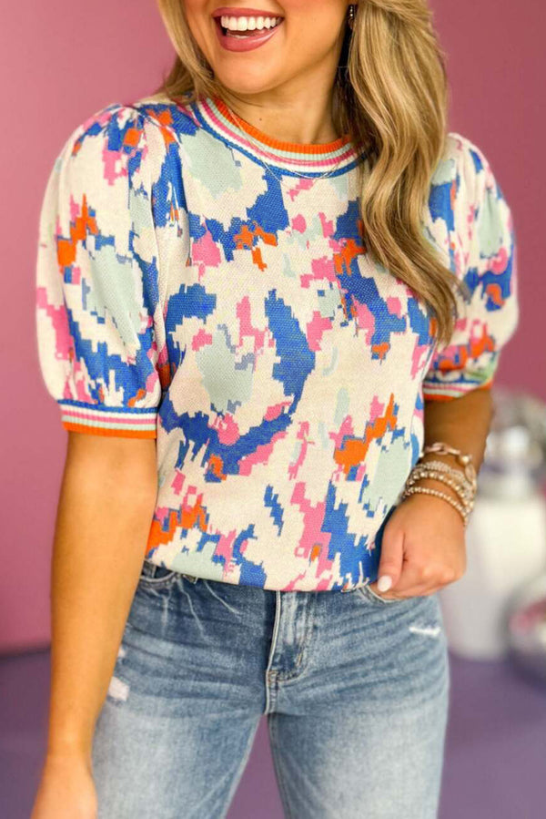 Multicolour Abstract Pattern Knit Contrast Striped Trim Short Sleeve Sweater