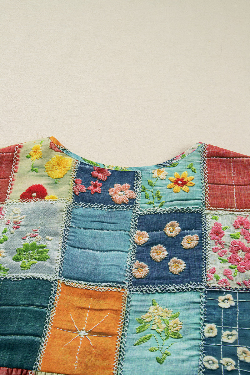 Multicolour Mix Floral Checkered Pattern Bubble Sleeve Ruffle Hem Dress