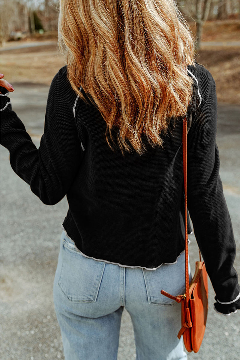Solid Textured Round Neck Long Sleeve Top