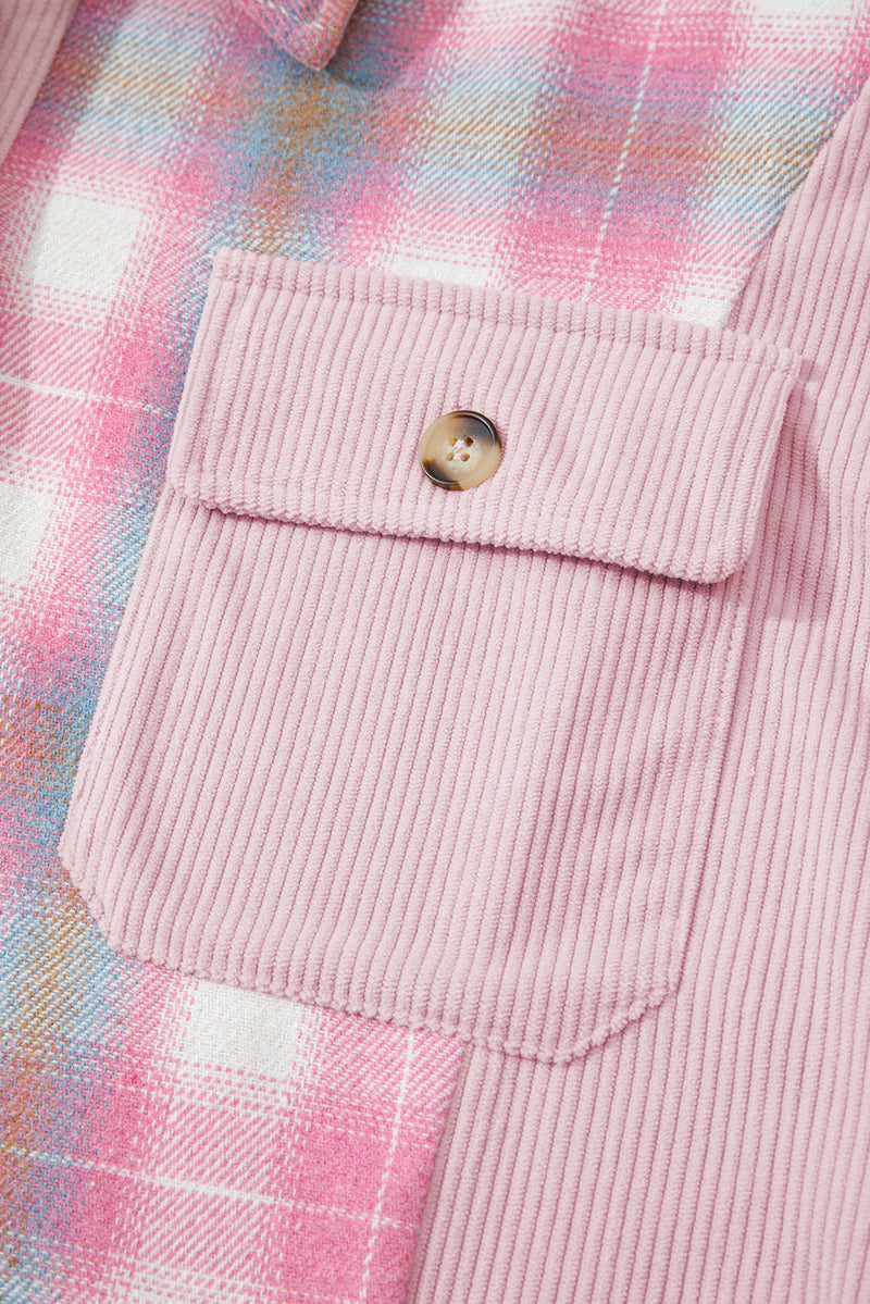 Brushed Plaid Corduroy Flap Pockets Patchwork Shacket