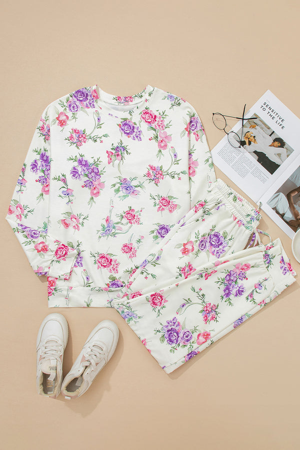 Floral Print Pullover Drawstring Lounge Pants Set