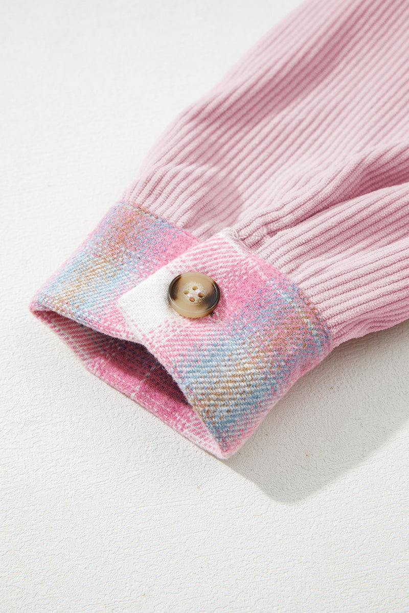 Brushed Plaid Corduroy Flap Pockets Patchwork Shacket