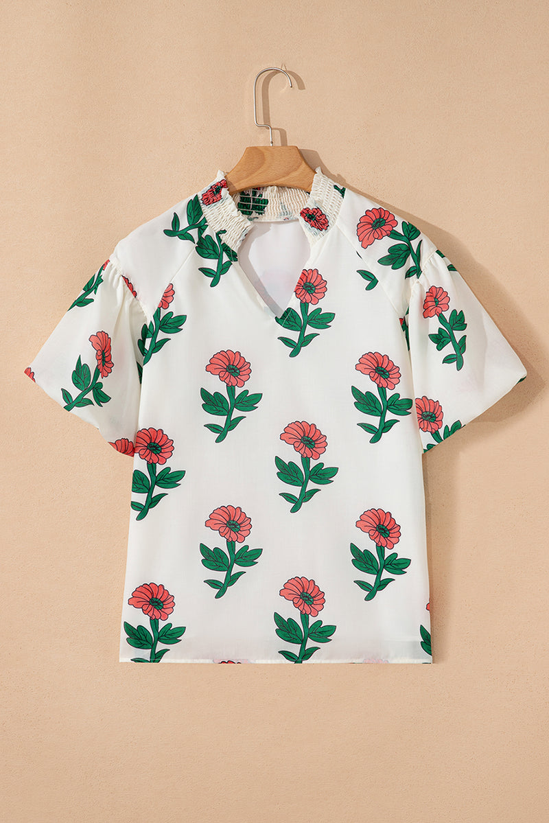 Floral Print Shirred Split Neck Short Sleeve Blouse