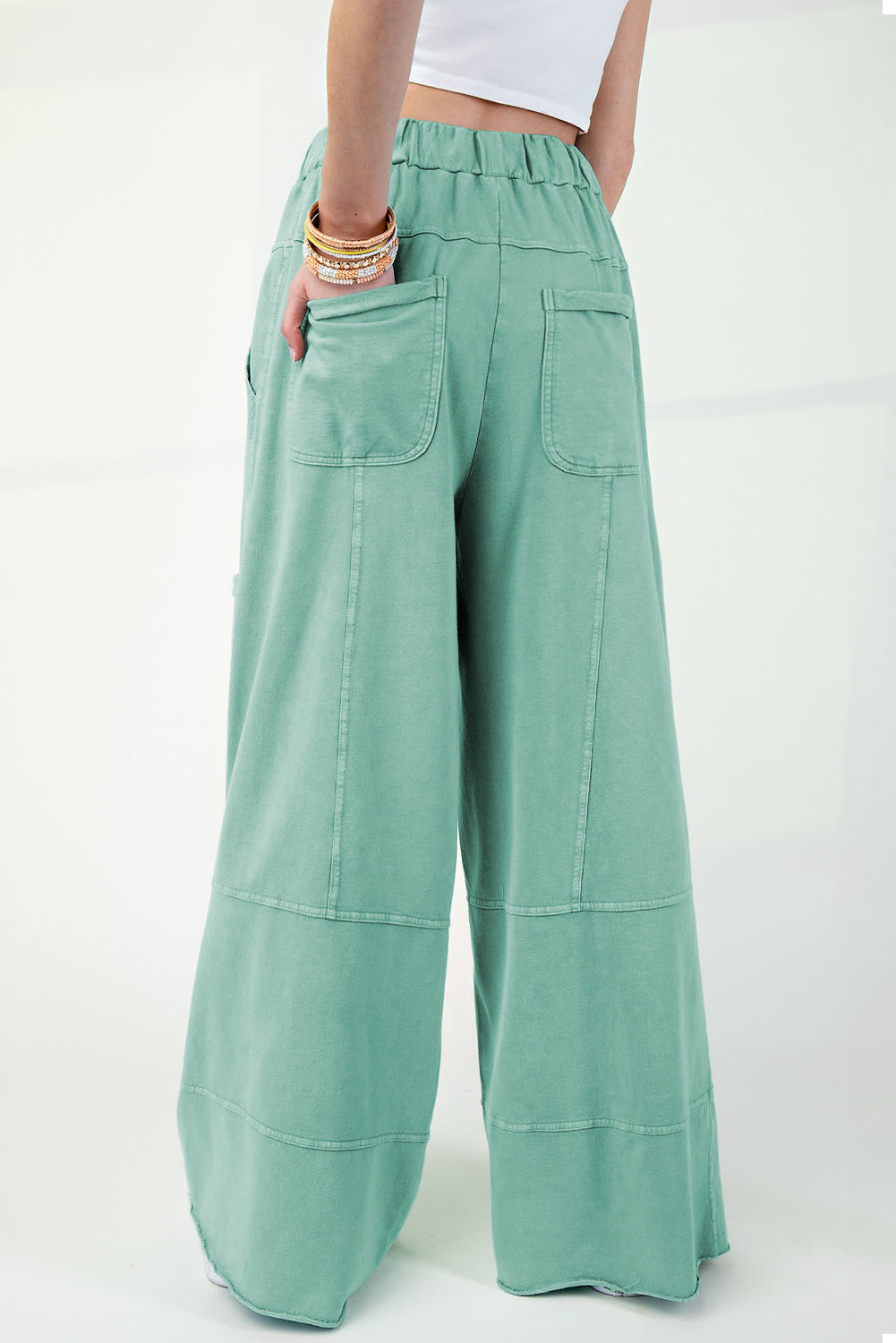 Mineral Wash Exposed Seam Drawstring Elastic Waistband Wide Leg Cargo Pants