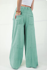 Mineral Wash Exposed Seam Drawstring Elastic Waistband Wide Leg Cargo Pants