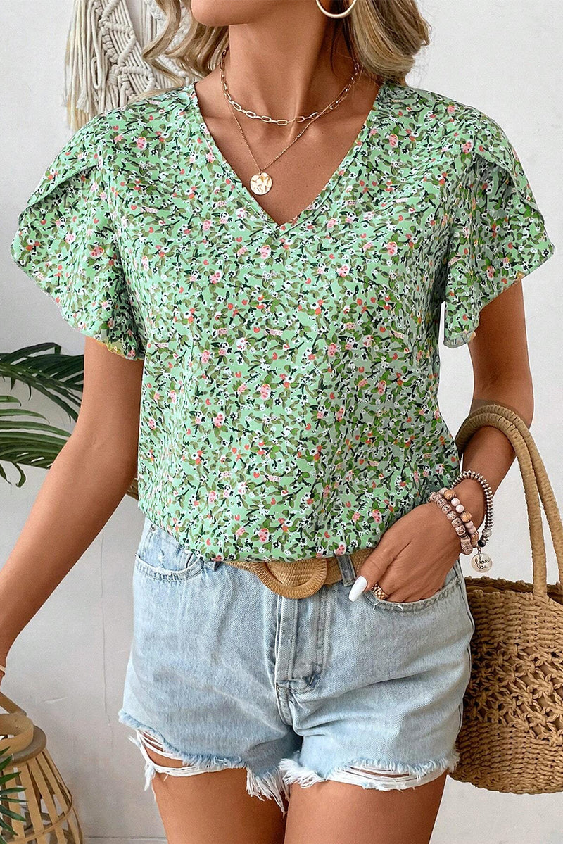 Boho Floral V Neck Wrap Short Sleeve Blouse
