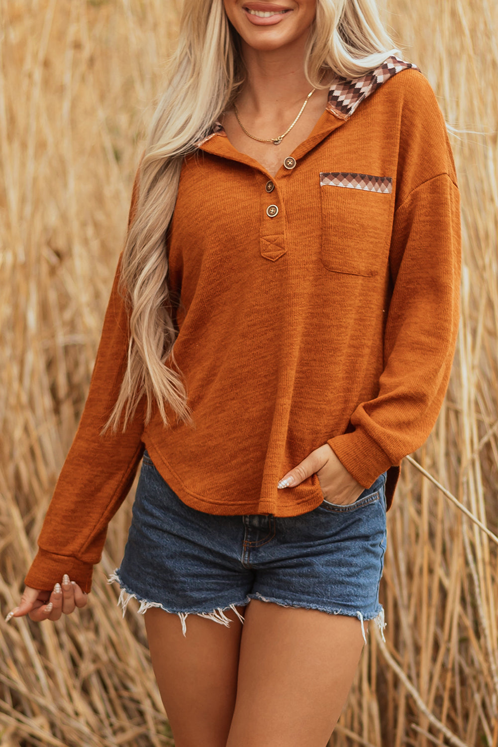 Contrast Plaid Hood Patchwork Chest Pocket Henley Top