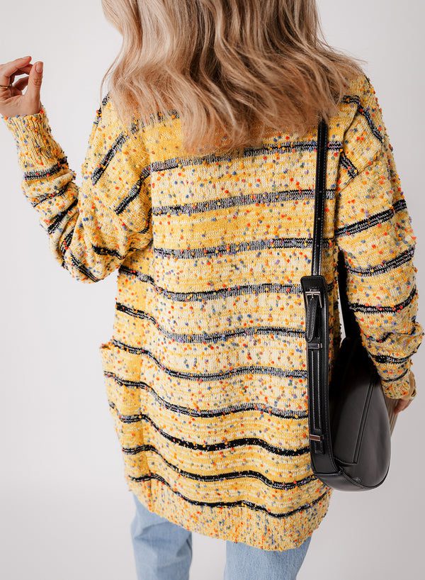 Yellow Striped Pom Pom Knit Open Front Long Cardigan