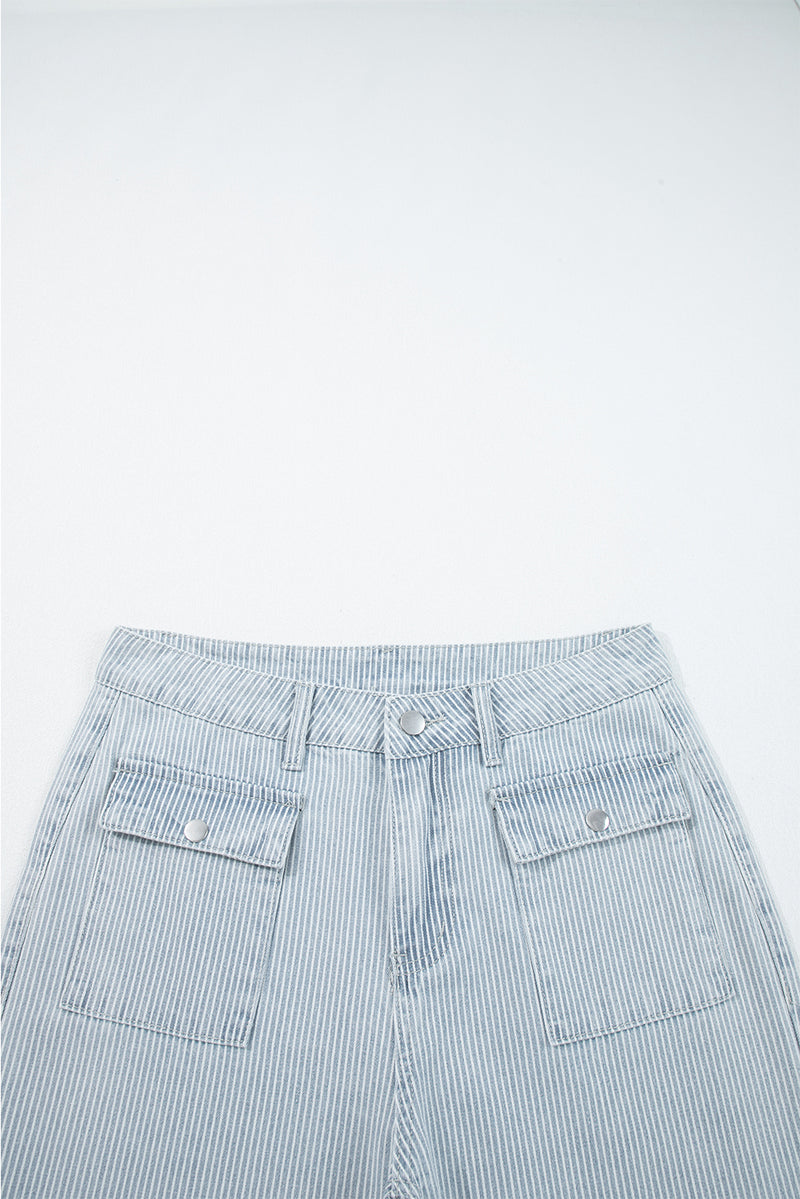 Stripe Button Flap Pocket Cuffed Hem Wide Leg Jeans