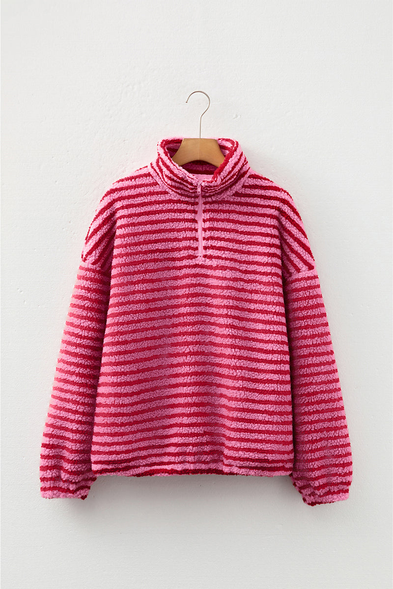 Stripe Quarter Zip Fleece Oversize Sweatshirt