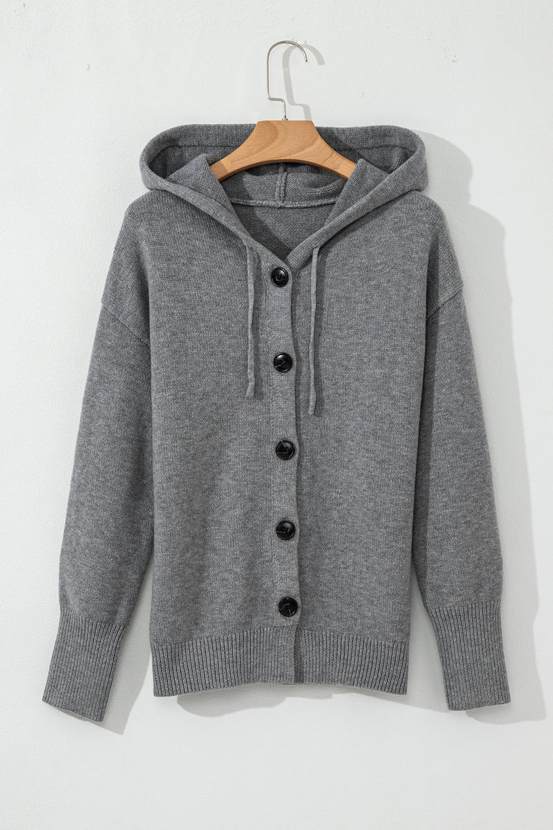 Drawstring Hooded Button Up Drop Shoulder Sweater Cardigan