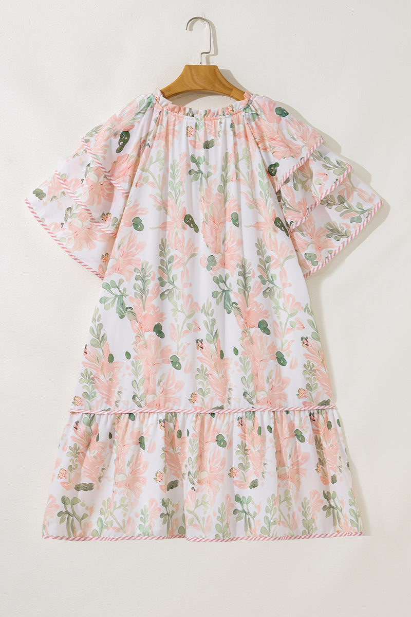 Plus Size Floral Print Striped Detail Short Summer Dress