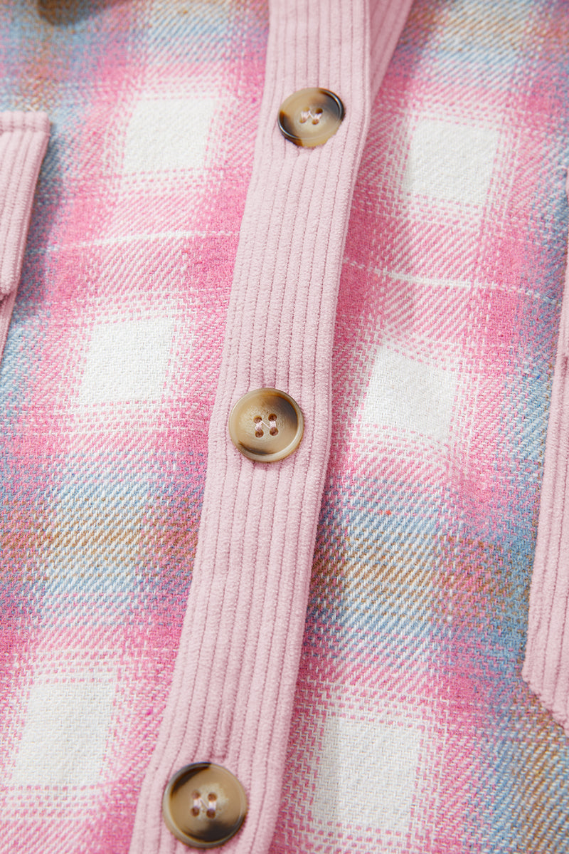 Brushed Plaid Corduroy Flap Pockets Patchwork Shacket