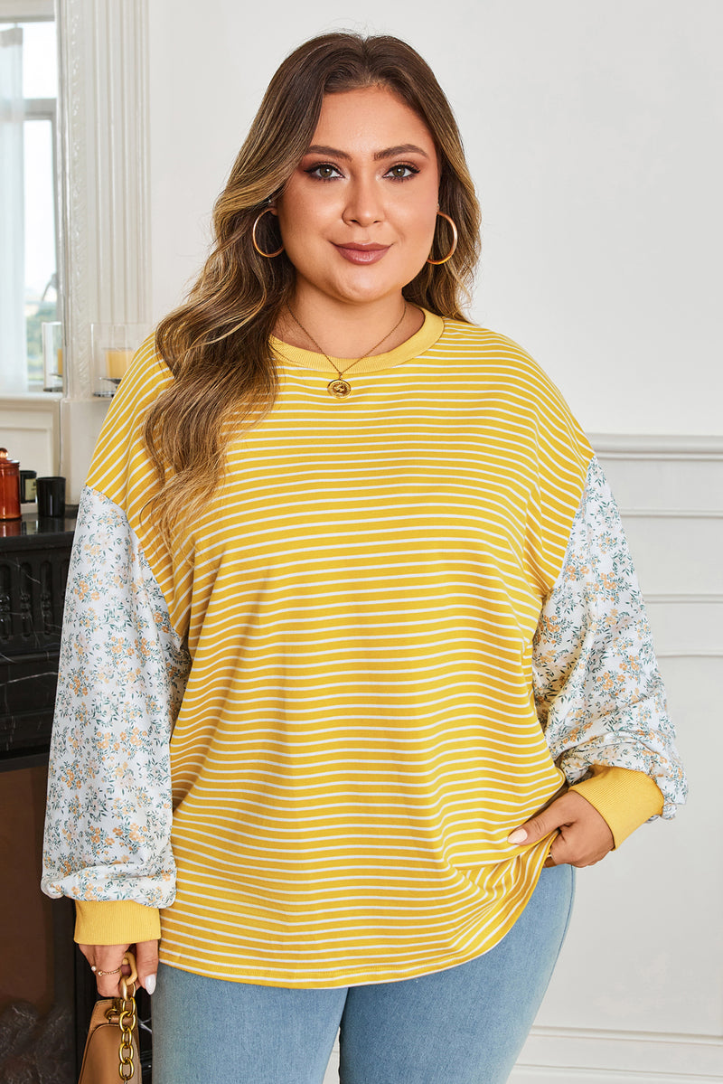 Stripe Striped Contrast Floral Sleeve Patchwork Plus Size Loose Top