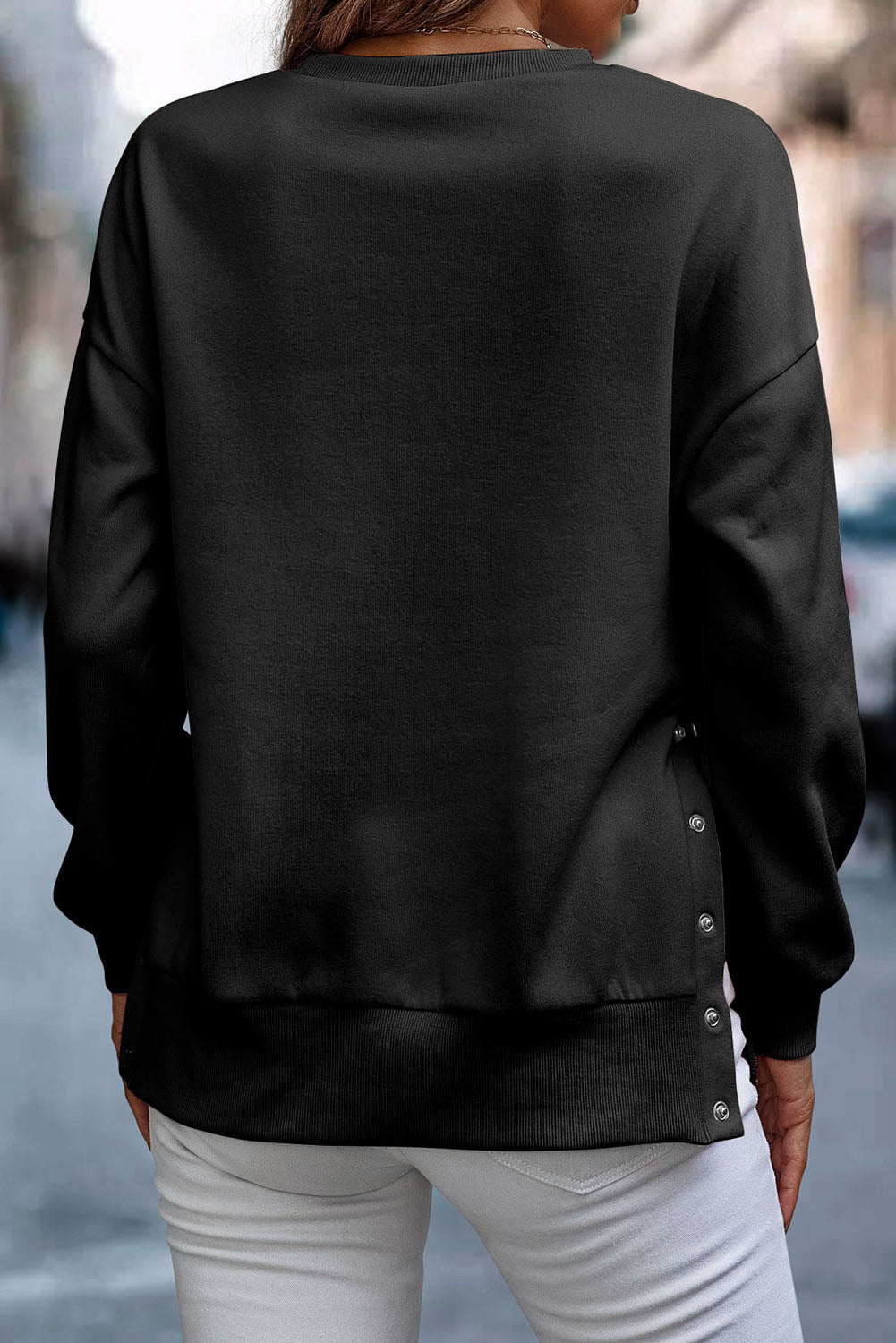 Solid Snap Buttons Side Splits Pullover Sweatshirt