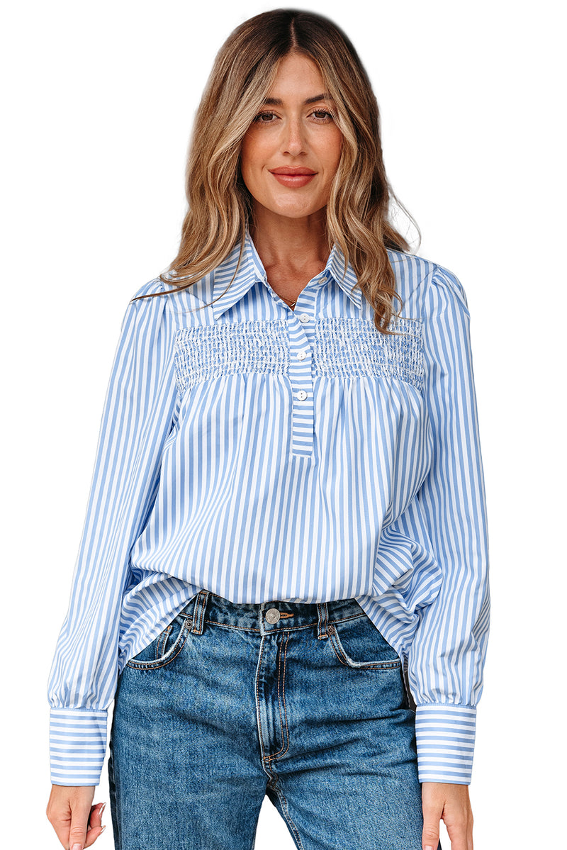 Stripe Shirred Detail Half Placket Collared Long Sleeve Fall Shirt