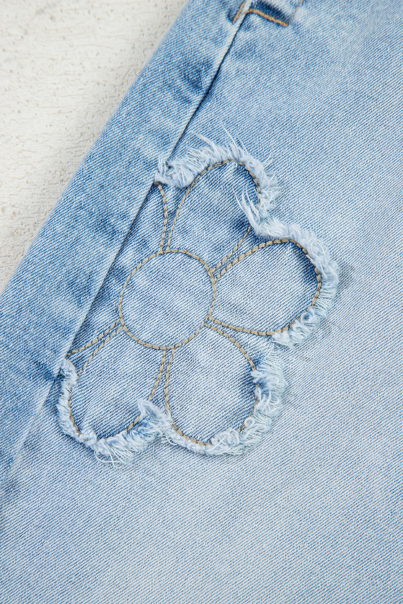 Flower Patched Light Wash Cropped High Waist Jeans