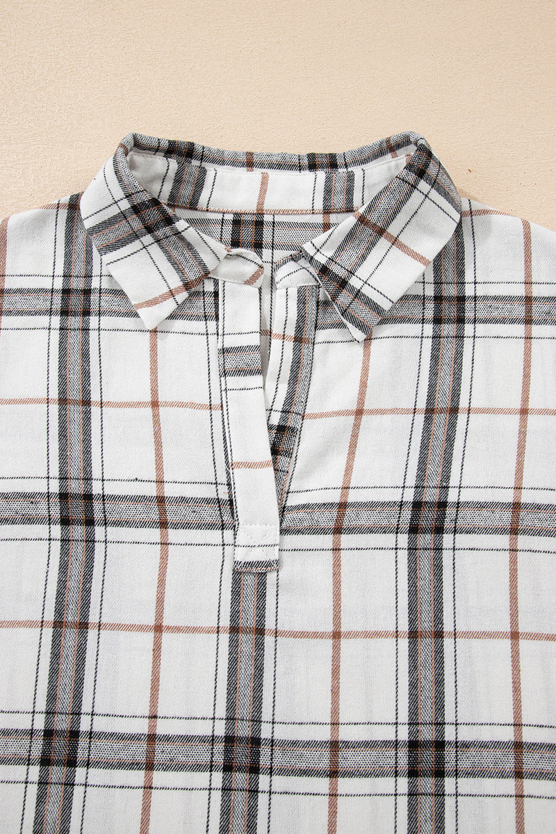 Plaid Print Collared V Neck Loose Blouse with Side Slits
