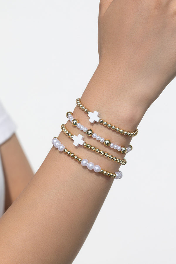 Cross Pearl Decor Beaded Elastic Multi Layered Bracelet