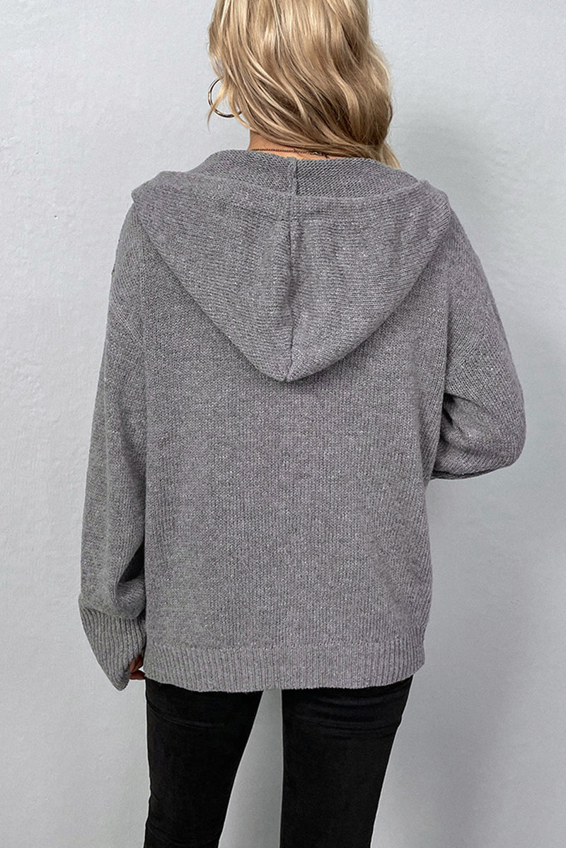 Drawstring Hooded Button Up Drop Shoulder Sweater Cardigan