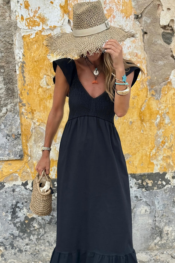 Solid V Neck Flutter Sleeve Smocked Bodice High Waist Ruffle Maxi Dress