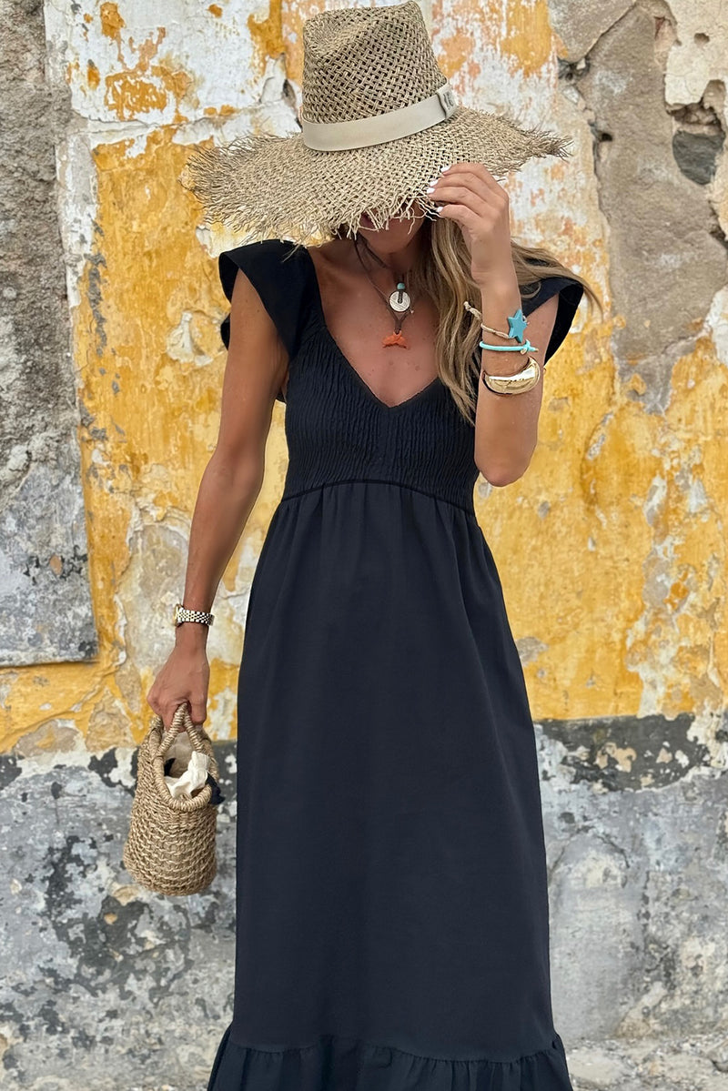 Solid V Neck Flutter Sleeve Smocked Bodice High Waist Ruffle Maxi Dress