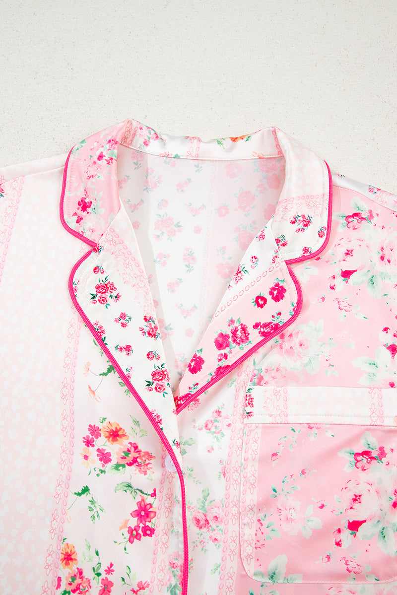 Mixed Floral Print Contrast Piping Trim Satin Tie 2pcs Pajama Set