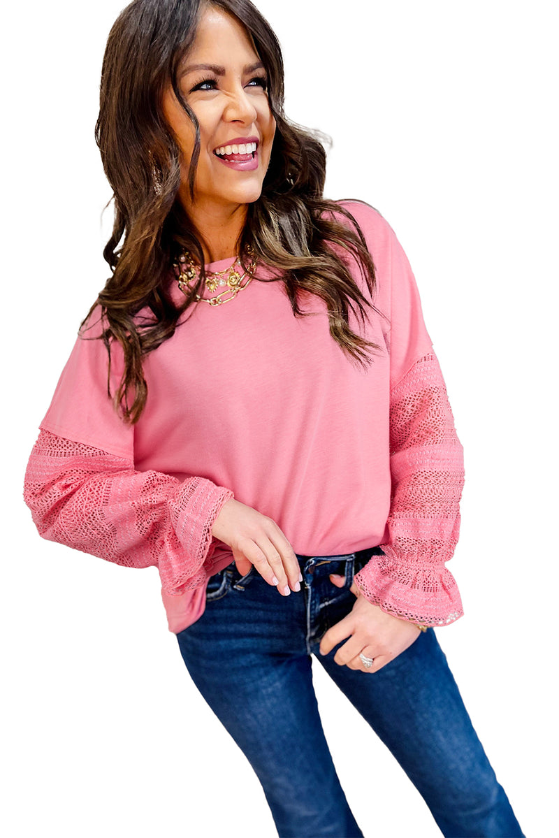 Drop Shoulder Lace Ruffled Sleeve Patchwork Loose Sweatshirt
