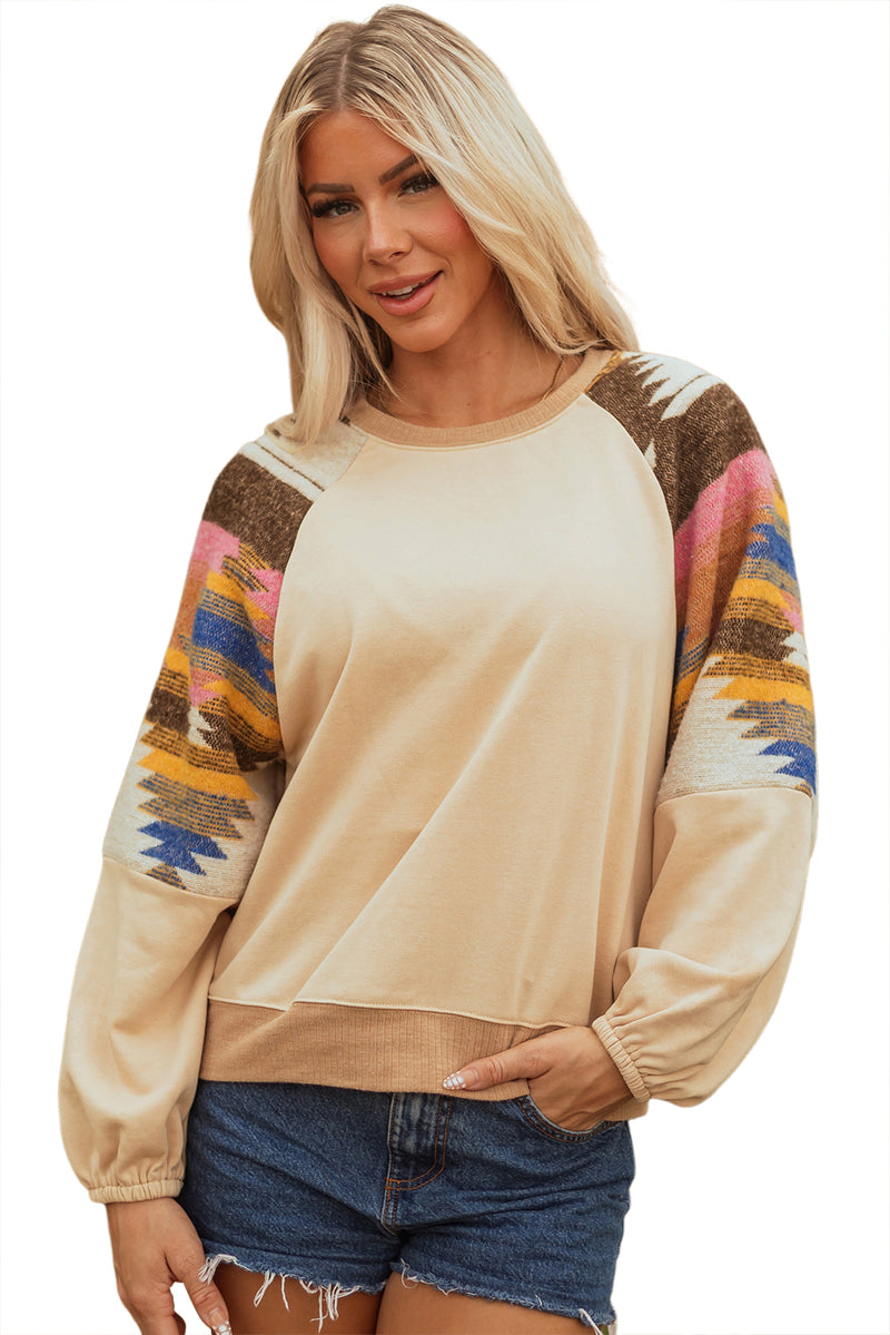 Light French Aztec Patchwork Raglan Pullover Sweatshirt