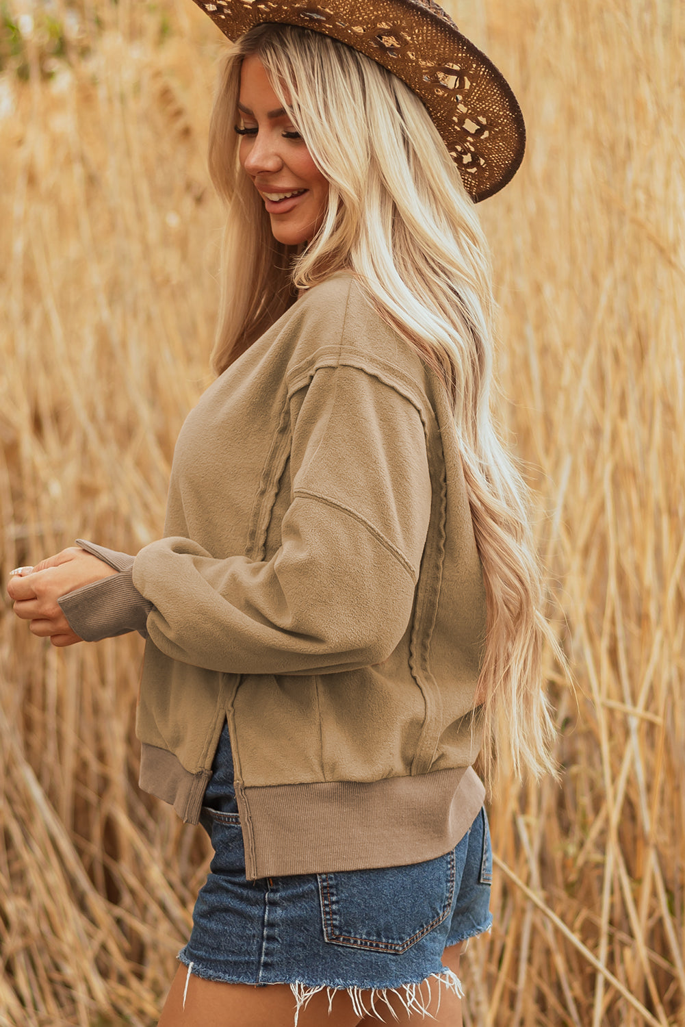 Fuzzy Sherpa Splicing Pullover Sweatshirt with Side Slit