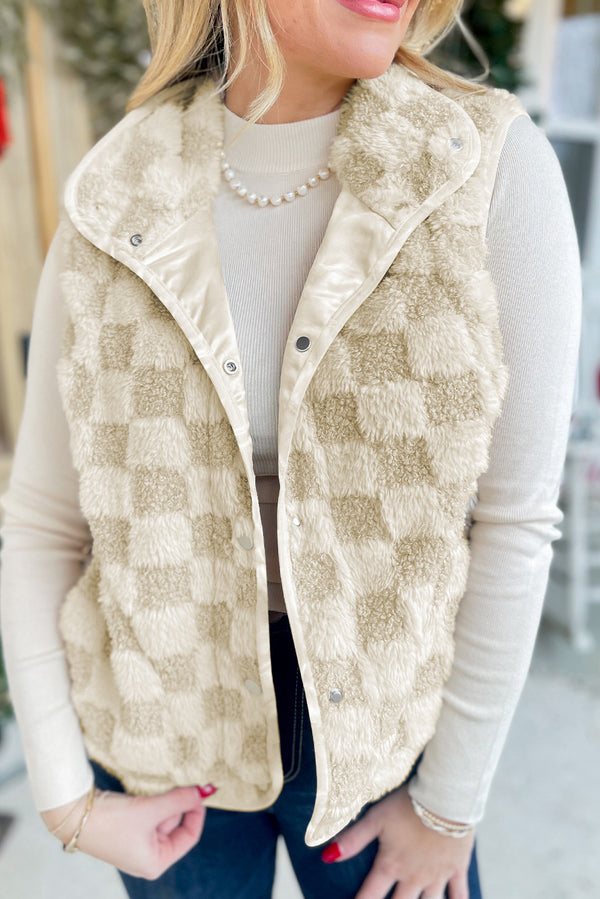 Sherpa Checkerboard Snap Button Vest Jacket With Pocket